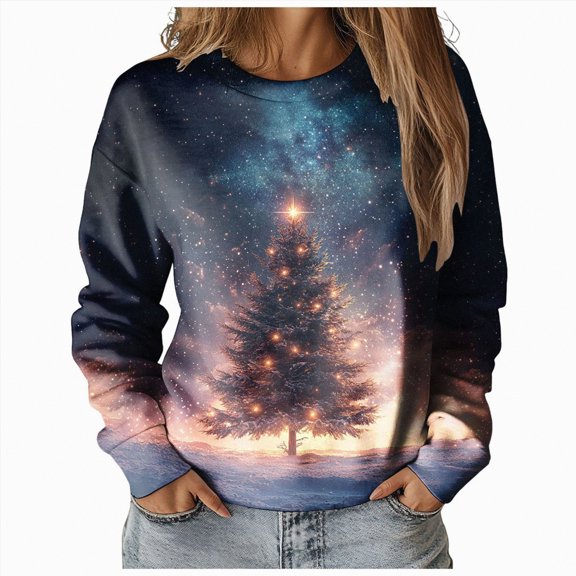 Futezty Women Christmas Tree Sweatshirt 3D Print Graphic Xmas Sweaters Crewneck Long Sleeve Shirt Pullover