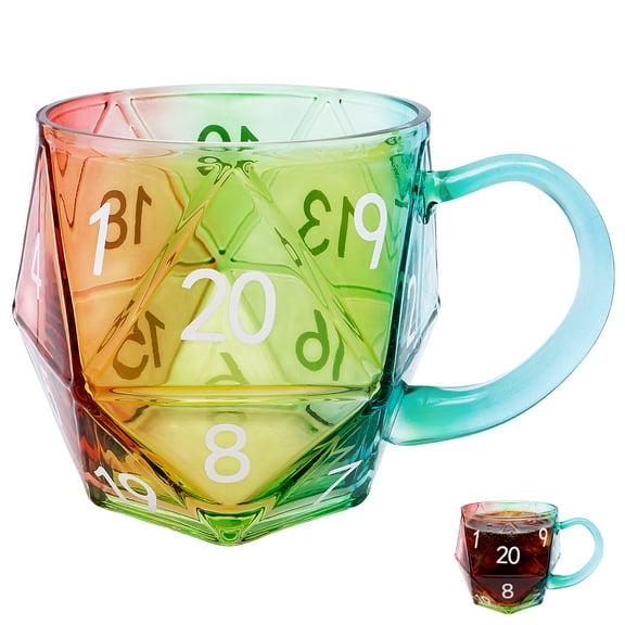 Rainbow D20 Dice Mug,Polyhedral Dice Coffee Cup with Handle, Transparent Glass Game Mug for RPG Lovers, Fantasy Themed Gift for Game Night, Board Games Enthusiasts