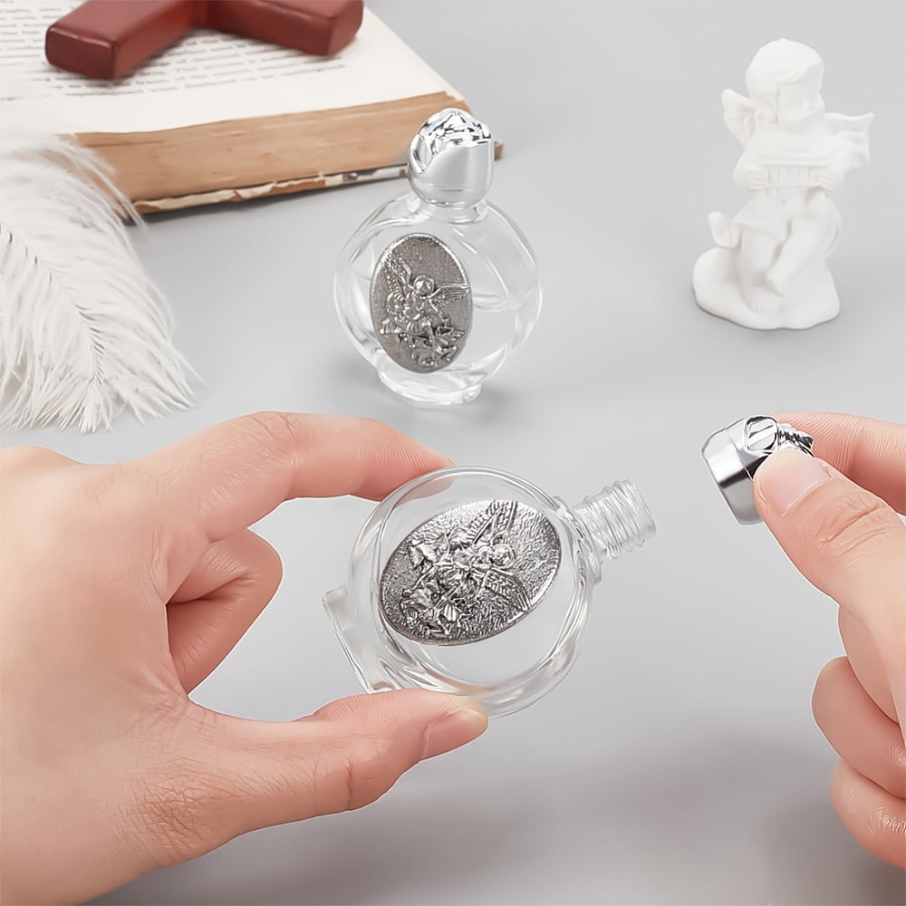 12 Pcs Holy Water Bottles 0.5 Floz Embossed Portable Empty Glass Travel Bottles with Lid Little Bottle Church Decorations Antique Silver