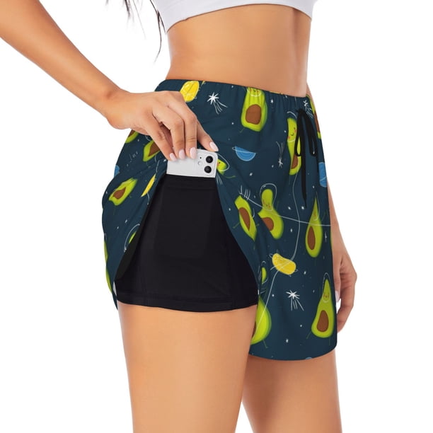 Balery Avocado in Space Pantalones cortos deportivos para mujer con forro y dos bolsillos, elásticos, para entrenamiento, gimnasio, yoga-XX-Large