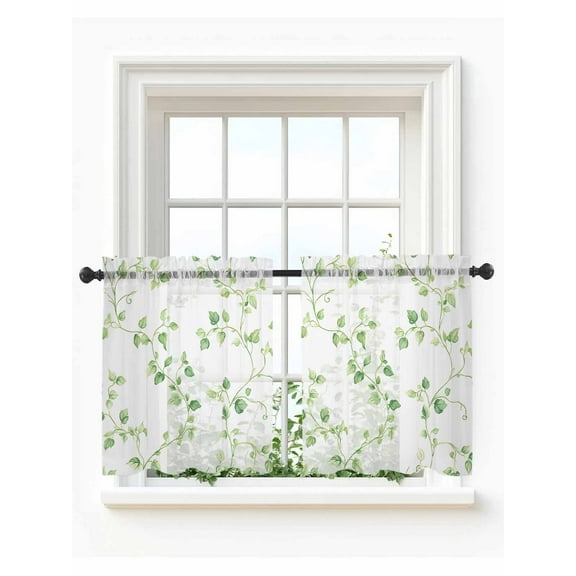 Sage Green Branches Tier Curtains 24 Inch Length,Sheer Curtains for Bedroom Living Room,Spring Watercolor Branches Botanical Rod Pocket Voile Drapes Kitchen Curtains Small Window 27.5"x24" 2 Panels