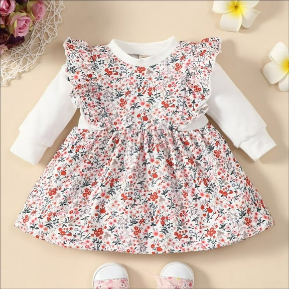 YEEDISON Children's Dress Autumn and Winter Girls' Dress Cotton Long Sleeve Flower Pattern Dress for 0-18M