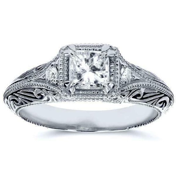 HeartsAndYou 1.2ct Princess Cut Moissanite Milgrain Filigree Vintage Inspired Ring 18k White Gold Over Silver Stylish
