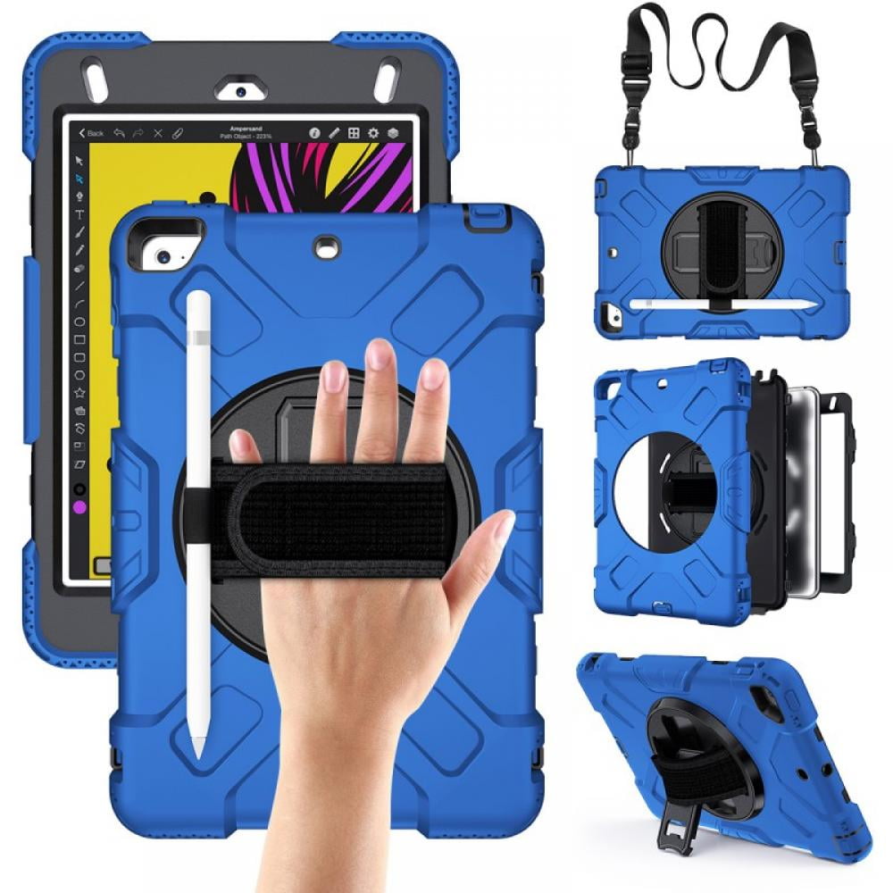 Case For iPad Mini 7.9”5th Gen (A2133, A2124, A2126) With 180° Rotatable Grip Handle,Pencil Holder, Hand Strap, Kickstand, Shoulder Strap