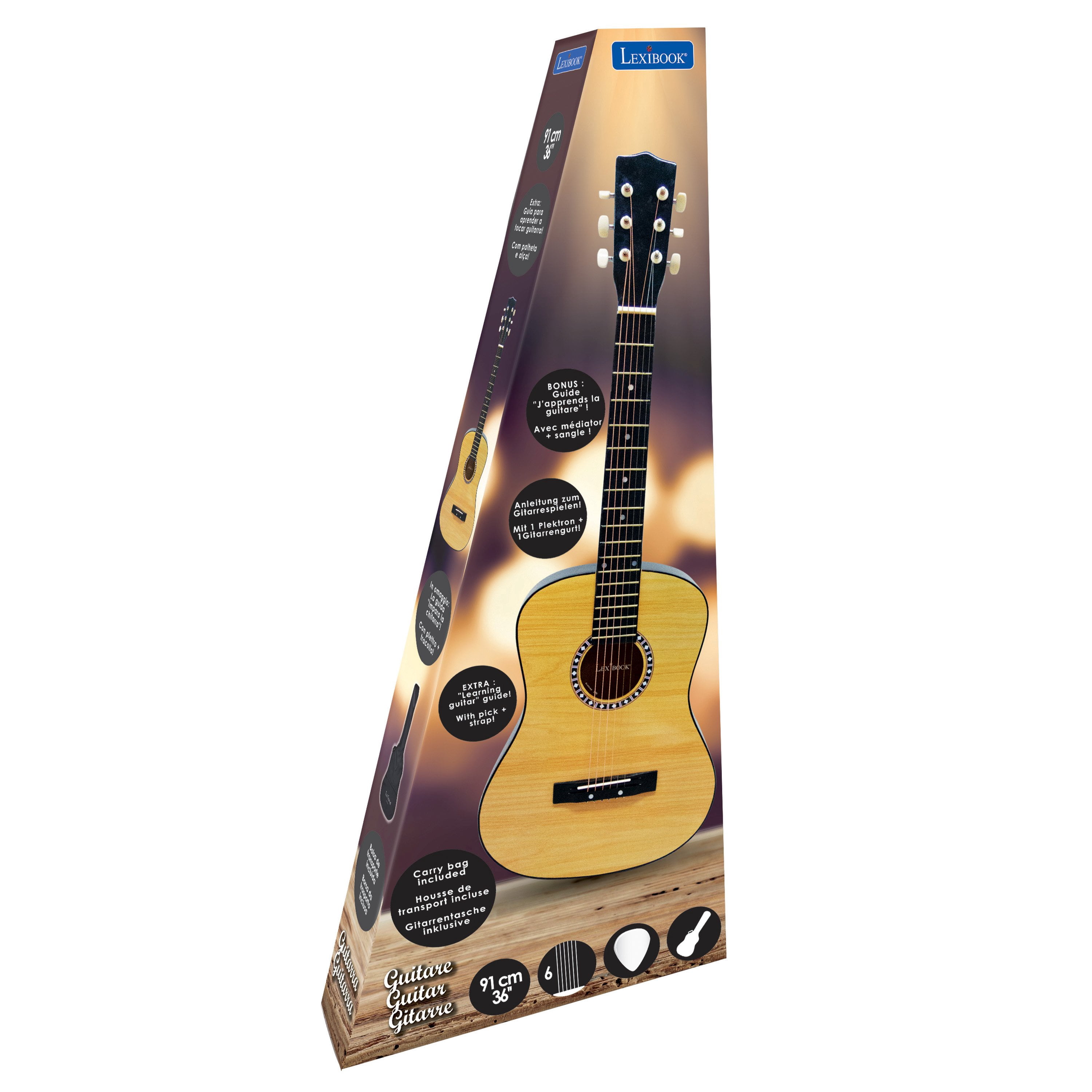Lexibook Wooden Acoustic Guitar, 36'', 6 Nylon Strings, Carry Bag Included, Wood/Black