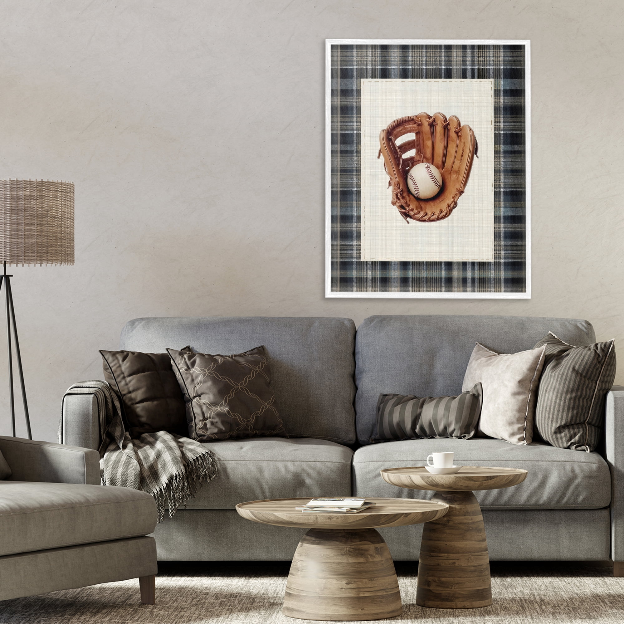 Stupell Industries Baseball Glove with Plaid White Framed Giclee Art, design by Arlington Prints