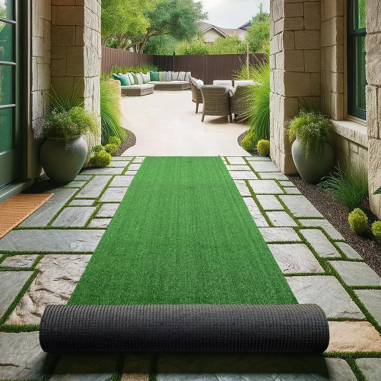 Ottomanson Evergreen Collection Waterproof Solid 3x29 Indoor/Outdoor 2 ft. x 29 ft. ., Green Artificial Grass Runner Rug
