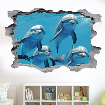 3D Dolphins Wall Sticker 3D Sea Theme Wall Decor Breaking The Walls Peel and Stick Vinyl Art Decor Animal Mural Decals for Home Livingroom Bedroom Kids Room Nursery Decals Colorful DIY