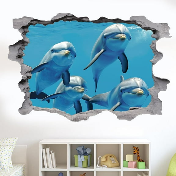 3D Dolphins Wall Sticker 3D Sea Theme Wall Decor Breaking The Walls Peel and Stick Vinyl Art Decor Animal Mural Decals for Home Livingroom Bedroom Kids Room Nursery Decals Colorful DIY