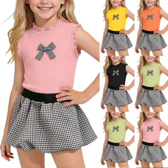 HAOTAGS Girls' Outfit Sets,Spring - Summer Solid - color Ice Silk Sleeveless Tops Short Skirts 2 Piece Sets Pink Size 9-10Years