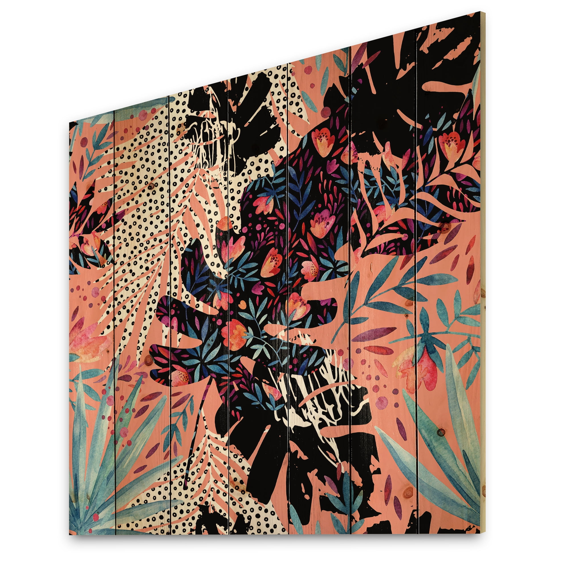 Designart 'Abstract Tropical Floral Patchwork II' Tropical Print on Natural Pine Wood