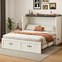 DEXTRUS Full Size Murphy Bed with Drawers & Charging Station, Foldable Wall Bed with Storage Cabinet, White