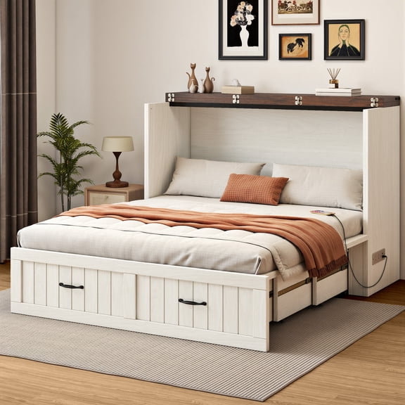 DEXTRUS Full Size Murphy Bed with Drawers & Charging Station, Foldable Wall Bed with Storage Cabinet, White