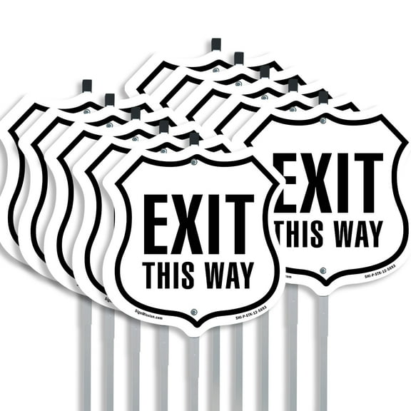Exit This Way (10 Pack) 12 inch X 12 inch Shield Shaped Commercial Grade Plastic Signs with Aluminum Mounting Stakes Weather Resistant Made in the USA