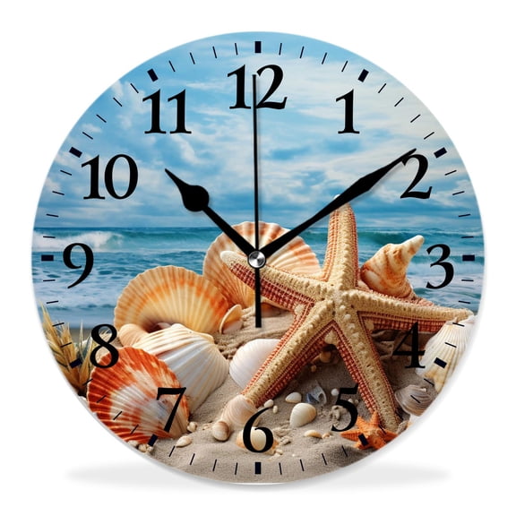 12 Inch Wall Clock Battery Operated Silent Clock Decorative for Office, Kitchen, Outdoor, Living Room，Starfish and Seashells on The Beach Cute Drawing
