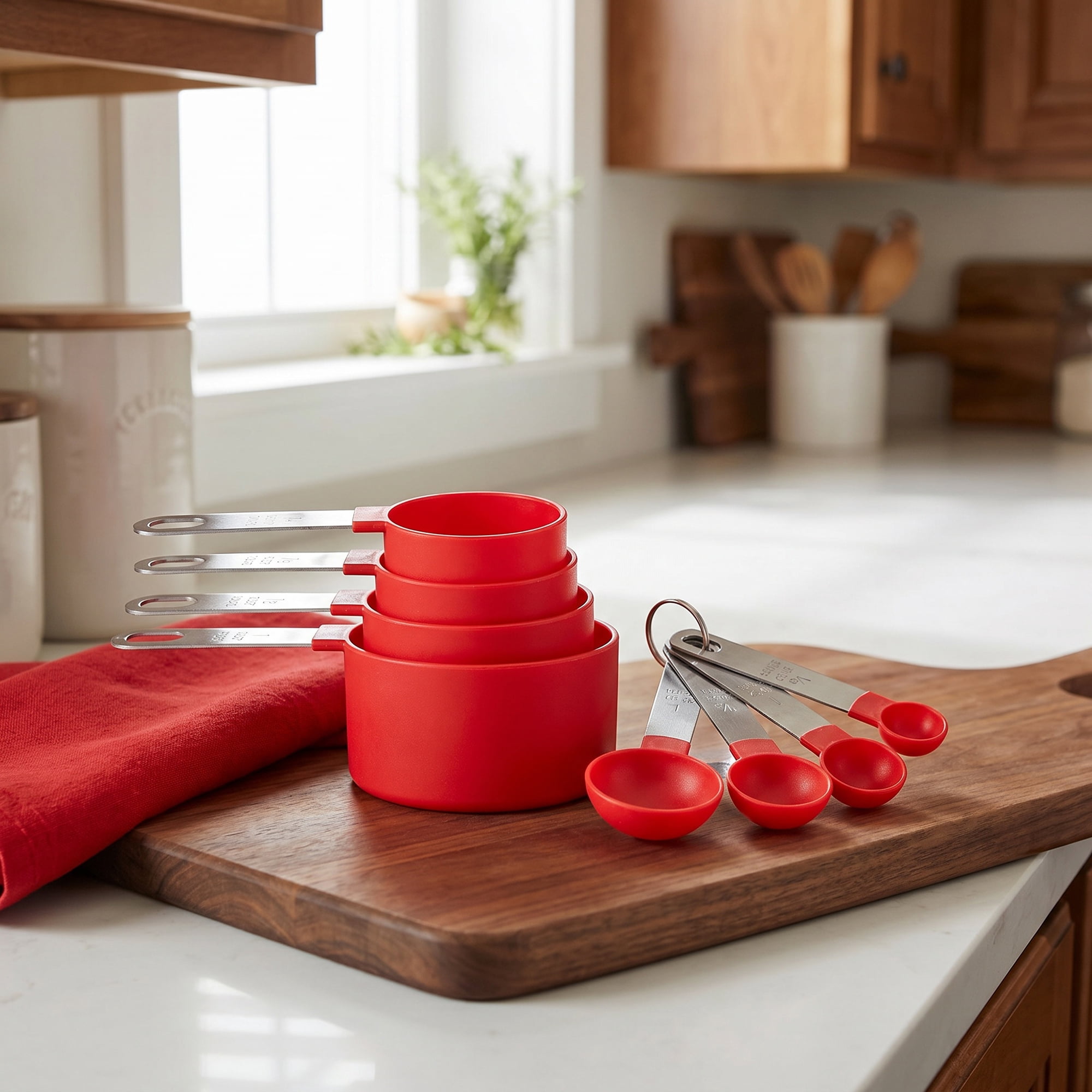 Unique Bargains Plastic Measuring Set with Stackable Cups and Spoons Red 8Pcs