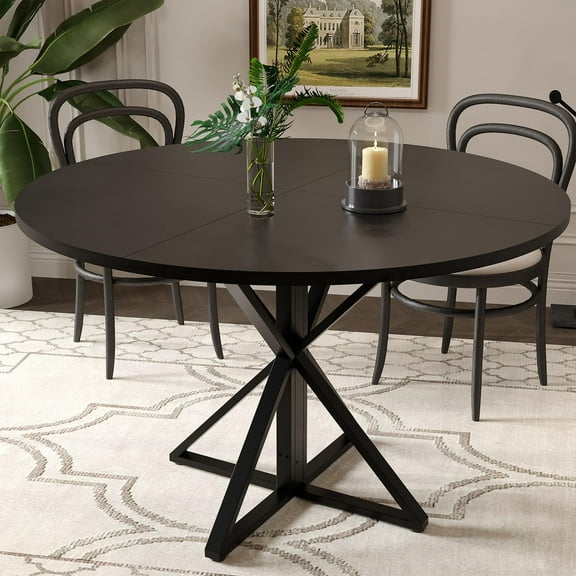 47-inch Round Dining Table for 4, Solid Wood Circular Tabletop with 4 Sections, Heavy-Duty Metal Pedestal Base, Perfect for Kitchen, Dining Room, Living Room, Black & Brown Oak Finish