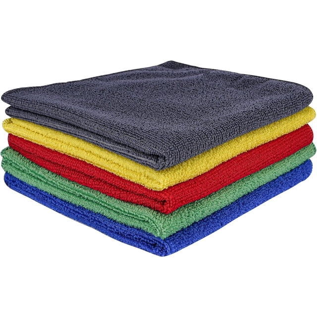 Microfiber Cleaning Cloths, Pack of 5, All-Purpose Cleaning Rag Towels, Soft Absorbent, Lint-Free, Dusting Cloth for Home, Kitchen, Car, Windows, 15"X15" (Green/Blue/Yellow/Gray/Red)