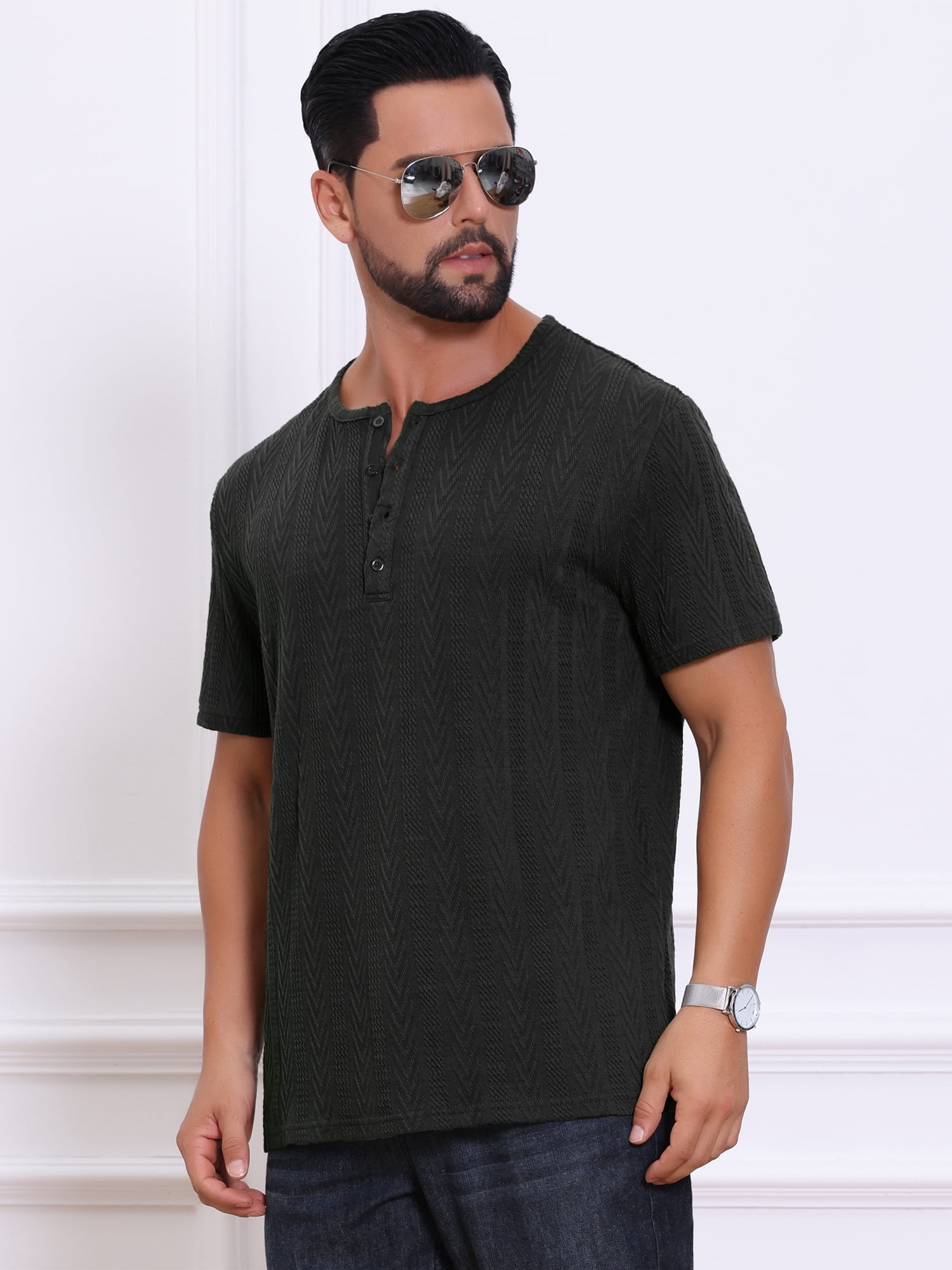DARING DIVA Men's Henley Short Sleeve Button Down Jacquard Knitted T-Shirt M Black