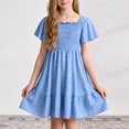 thumbnail image 2 of mgoYE Casual Toddler Girl Dress Girls Short Sleeve Dress Dot Square Neck Smocked Summer Dresses(Blue,6-7 Years), 2 of 4
