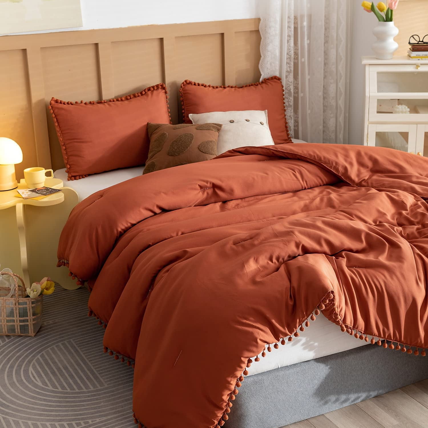 RENR Terracotta Queen Ball Pom Fringe Design Comforter Set 3pcs, Boho