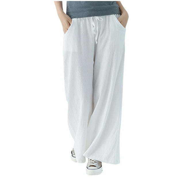 Timegard Womens Cotton Linen Pants Wide Leg Elastic Waisted Drawstring Casual Loose Trousers with Pockets