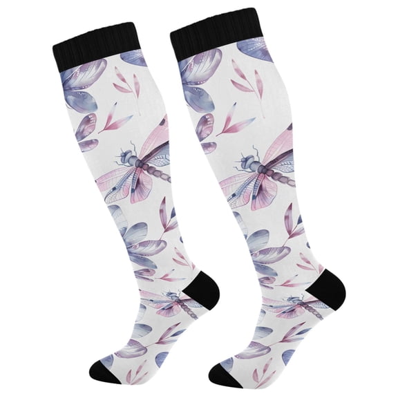 Haosy Compression Socks for Men Women Knee High Running Socks for Nurse Hiking Recovery Travel Athletic 2 Pairs Dragonflies and Leaf