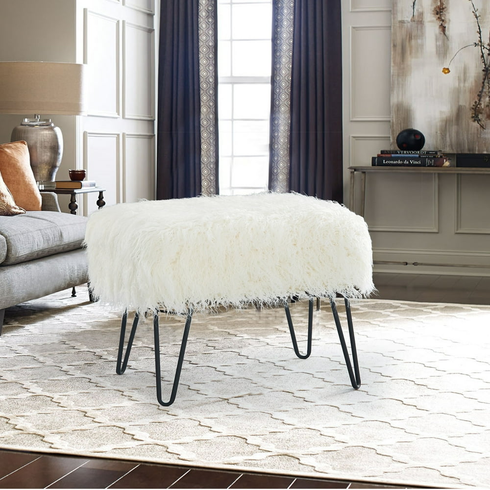 Ottoman Mongolian Fur Ottoman Antique White 19" x 13" x 7