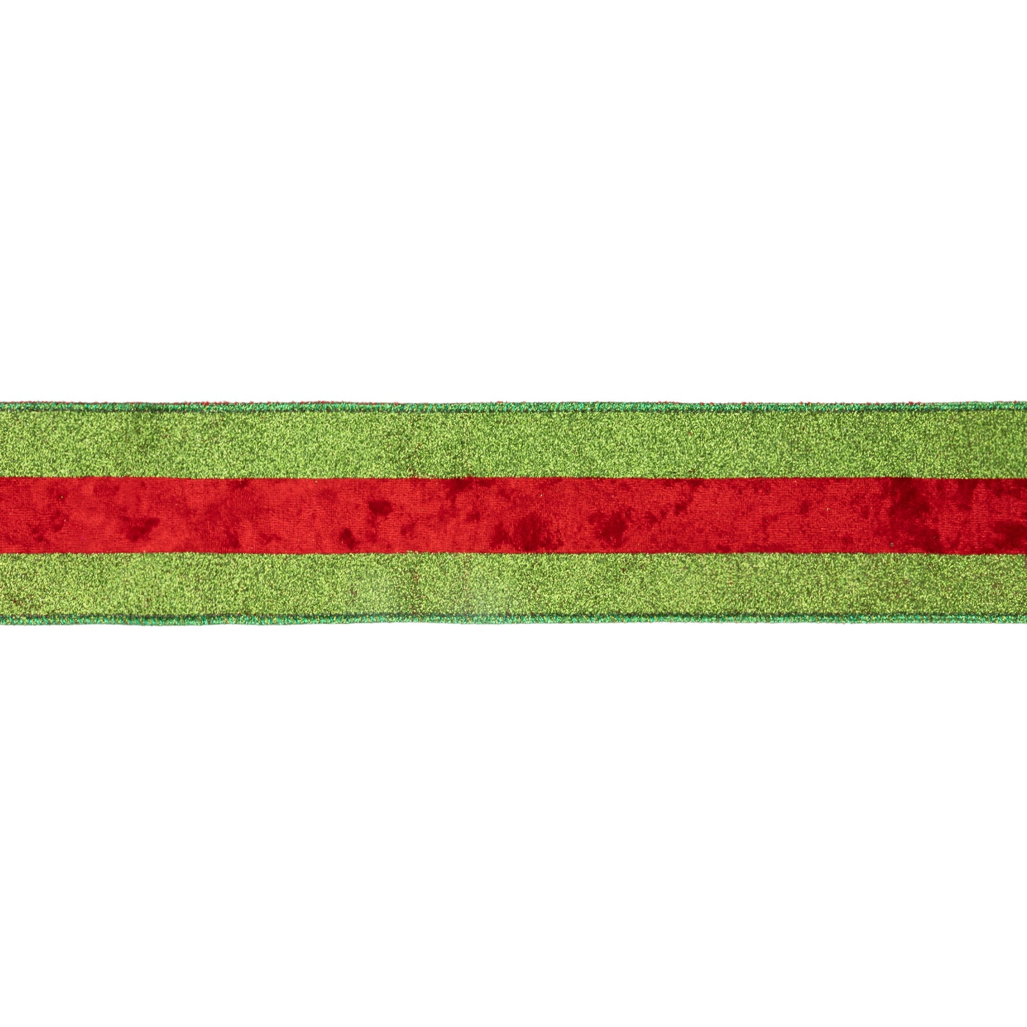 LaRibbons 2 1/2" Wired Ribbon, Green Glitter with Red Velvet Stripe, 10 Yard Roll