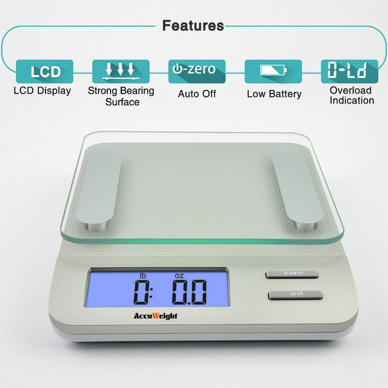 AccuWeight 207 Kitchen Multifunction Food Scale for Cooking with Large  Back-lit LCD Display,Easy to Clean with Precision Measuring,Tempered Glass,  0, Silver 