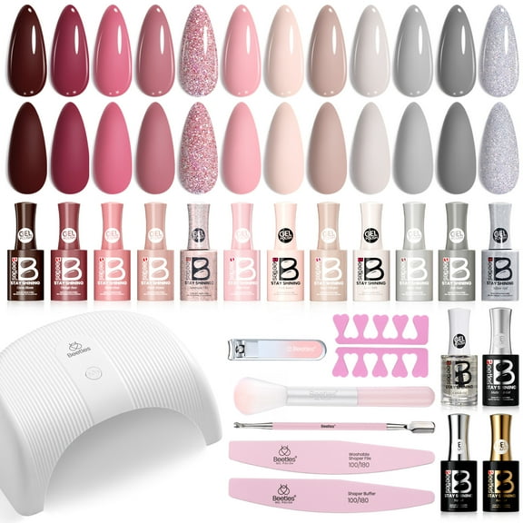 Beetles Mini Mani Studio Gel Nail Polish Starter Kit with UV Lamp, Cozy Elegance Shades, 12 Colors