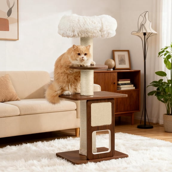 FULED 35.4 in Modern Wooden Cat Tree, Brown Cat Tower with Plush Bed and Sisal Scratching Posts