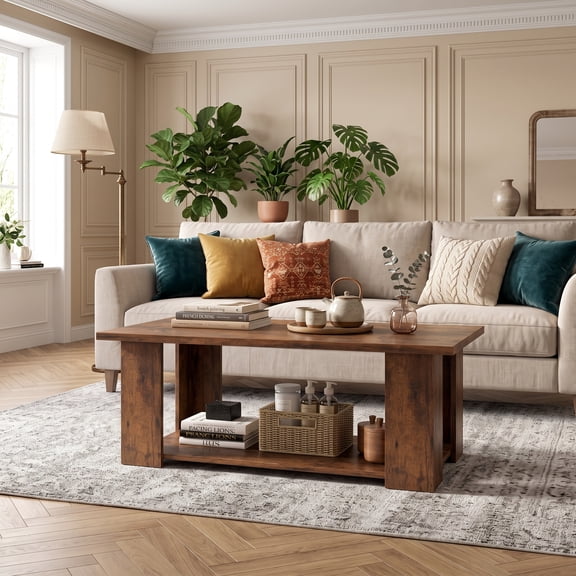 41" 2-tier Wooden Modern Coffee Table with Storage Shelf, Rectangle Accent Center Table for Living Room,Coffee