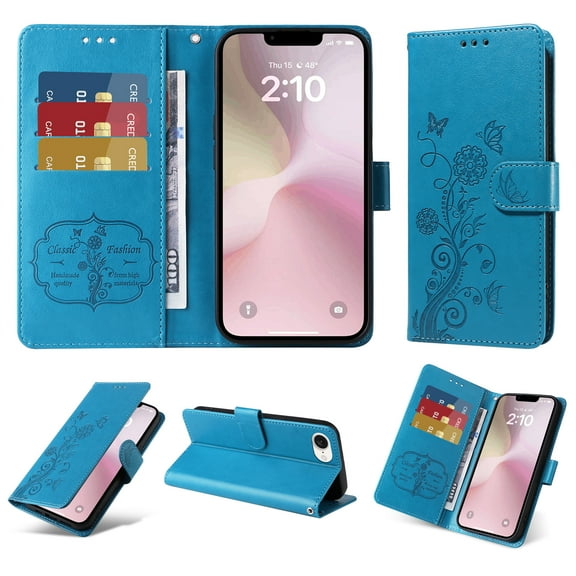 Designed for iPhone 16e Case Wallet,Women Flip Folio Cover with Butterfly & Flower Embossed PU Leather Stand Credit Card Holders Slots Wrist Strap Shockproof Phone Case,Blue