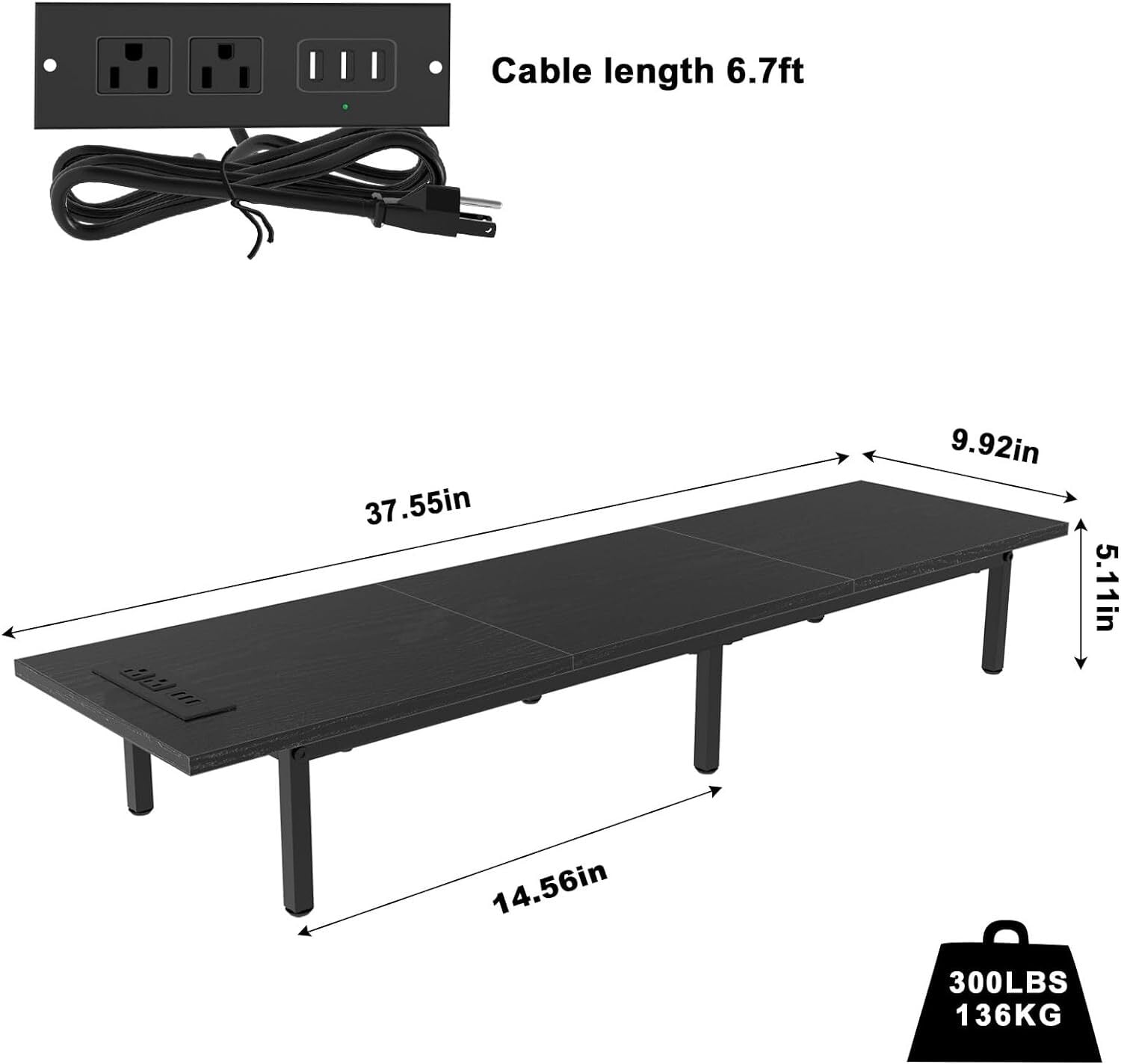 Dual Monitor Stand Riser, 37.5" Desktop Organizer for 2 Monitors Wood & Steel TV/Laptop/Printer Holder with Integrated USB Ports Black