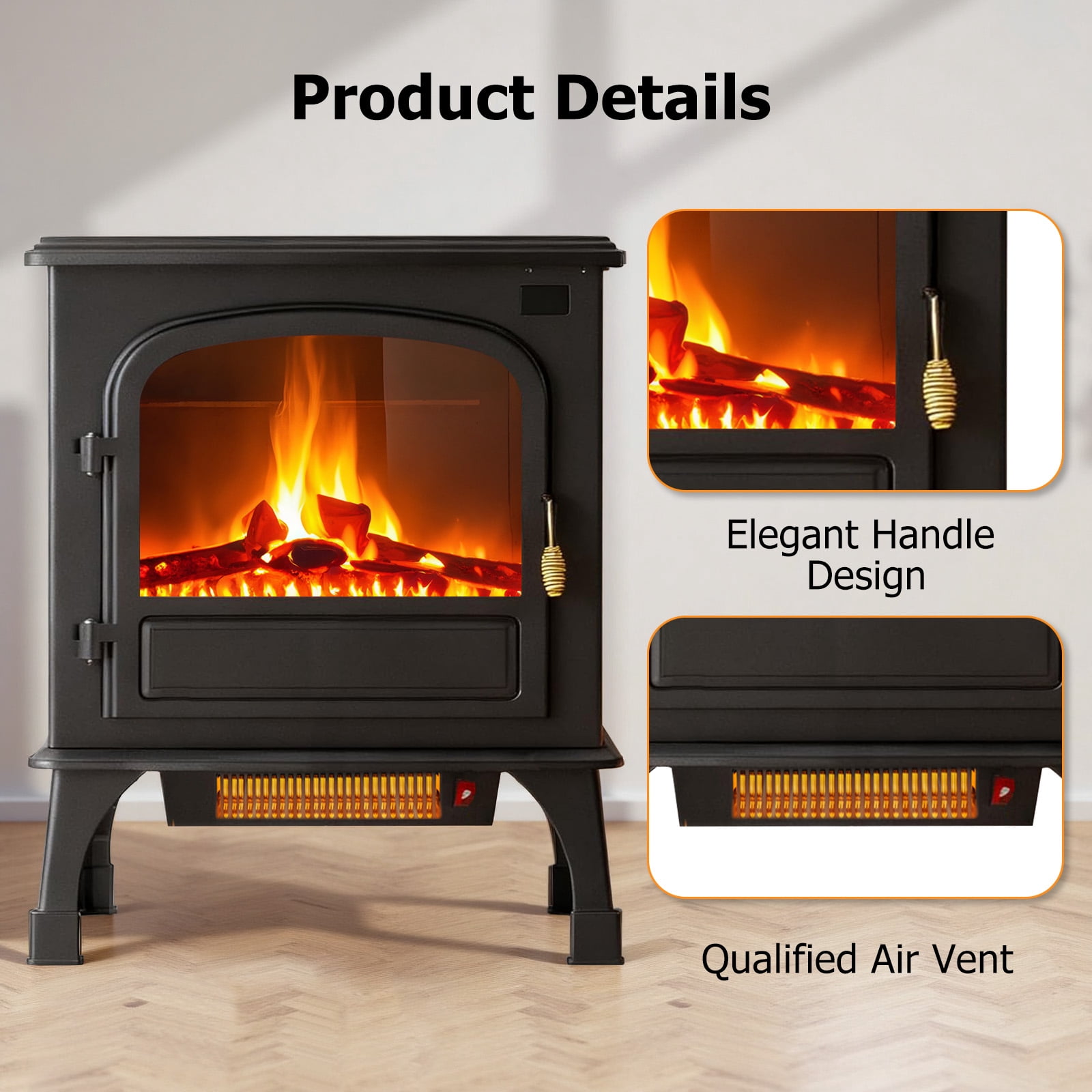 Atilioo 26" Electric Fireplace Stove, Freestanding 3D Flame Energy Saving Space Heater with Remote, Overheating Protection, 12H Timer, Single Door, Black Metal