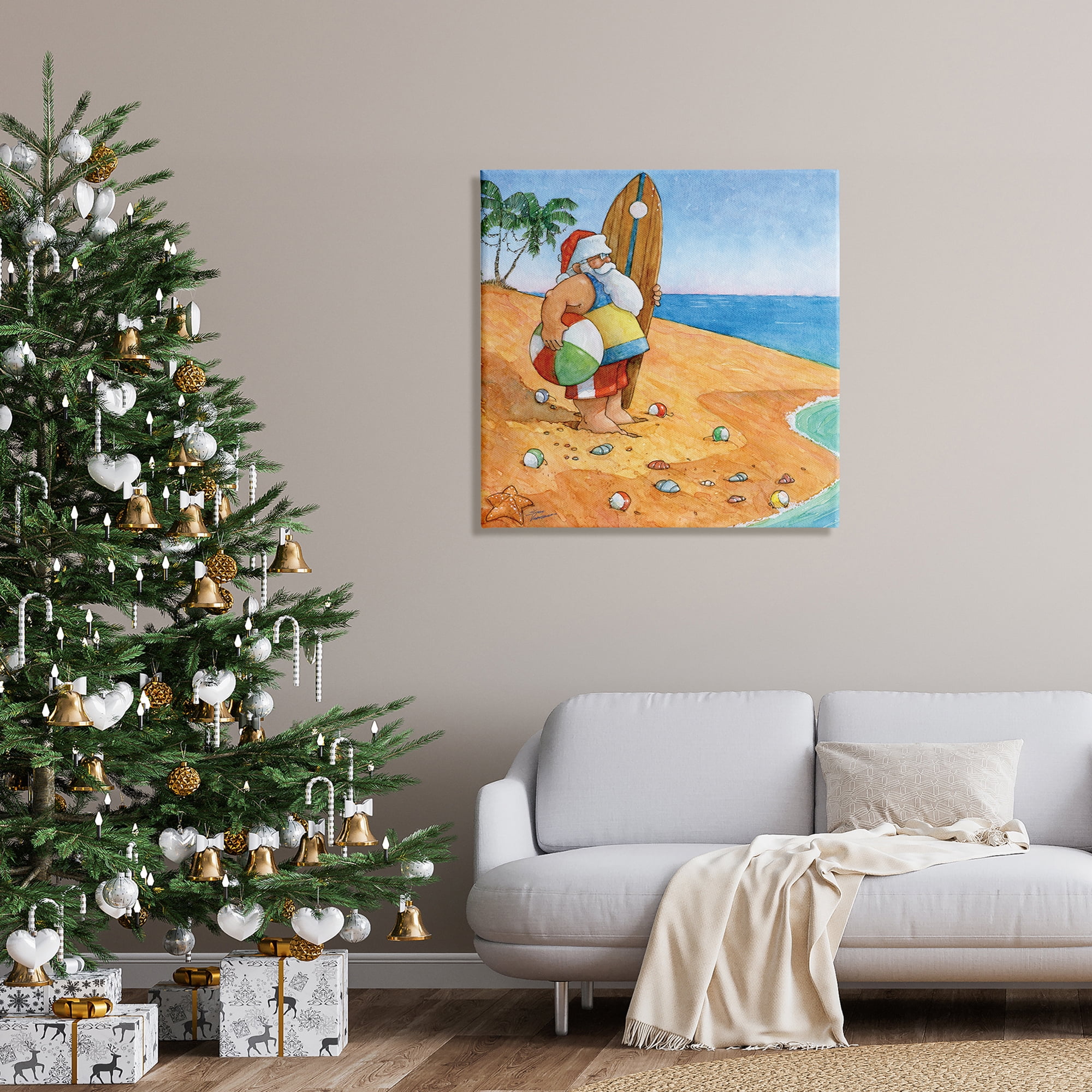 Santa Claus On Beach Surf Board Tropical Christmas Holiday Painting Gallery-Wrapped Canvas Print Wall Art