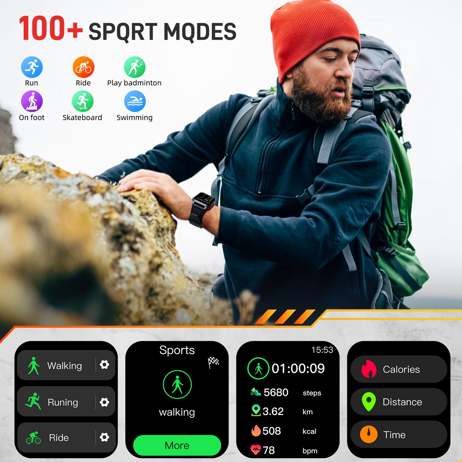 XAXRE Smart Watch For Men, 1.83'' HD Rugged Smartwatch with Bluetooth Calls, 3ATM Waterproof 100+ Sport Modes Outdoor Fitness Tracker for iPhone Android