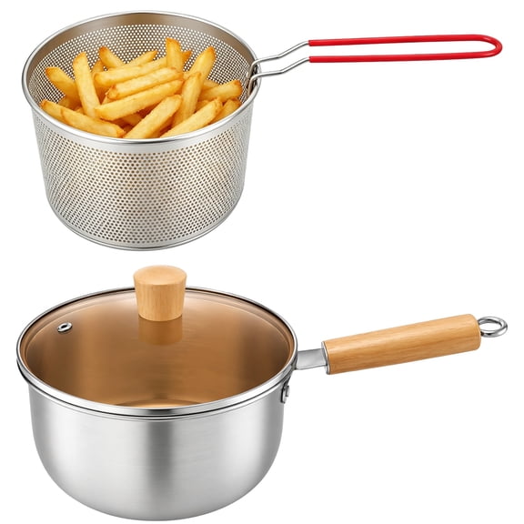 Deep Fryer Pot with Basket, Stainless Steel Frying Pot with Fryer Basket and Lid, 410 Stainless Steel Frying Boiling Cooker for French Fries, Seafood, Chicken
