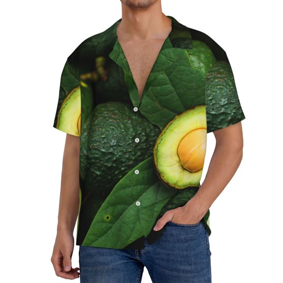 Gukieu Fresh Avocados Print Men's Short-sleeved Shirts, Button-down Pocket Shirts, T-shirts, Beach Vacation Travel Summer Clothing-Small
