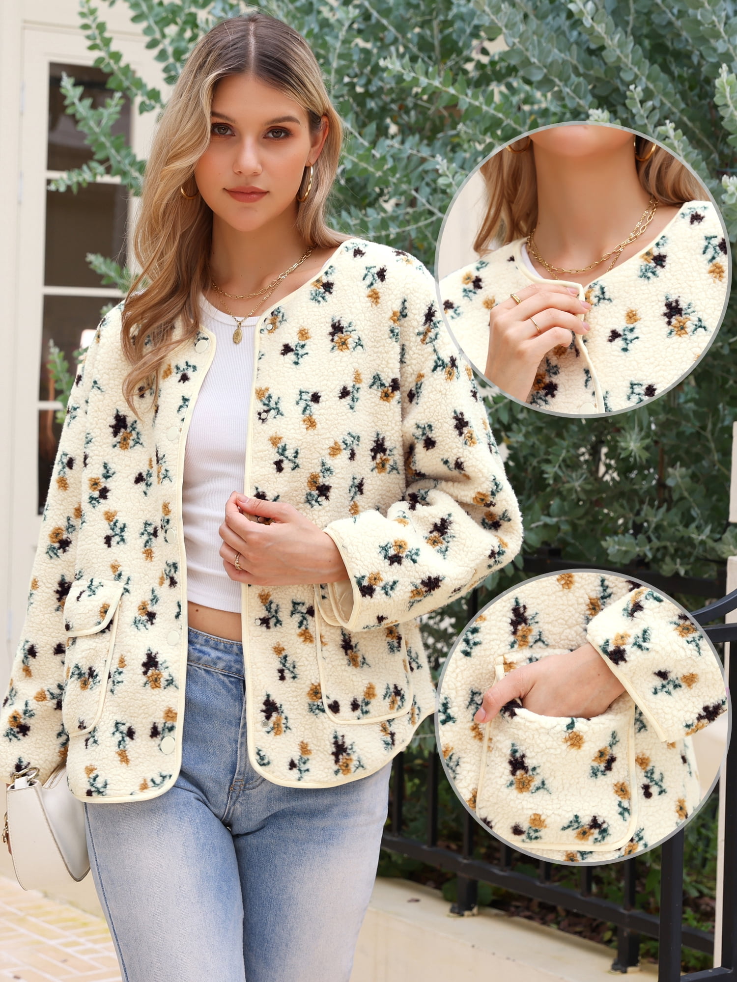 DARING DIVA Fleece Jacket Floral Print Long Sleeve Outwear M Beige
