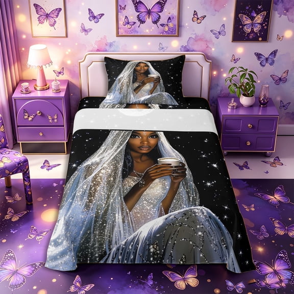 Castle Fairy Glam Black Woman Twin Sheets 3pcs,Glitter Stars Print Bedding,Silver,1 Fitted Sheet, 1 Flat Sheet and 1 Pillowcase