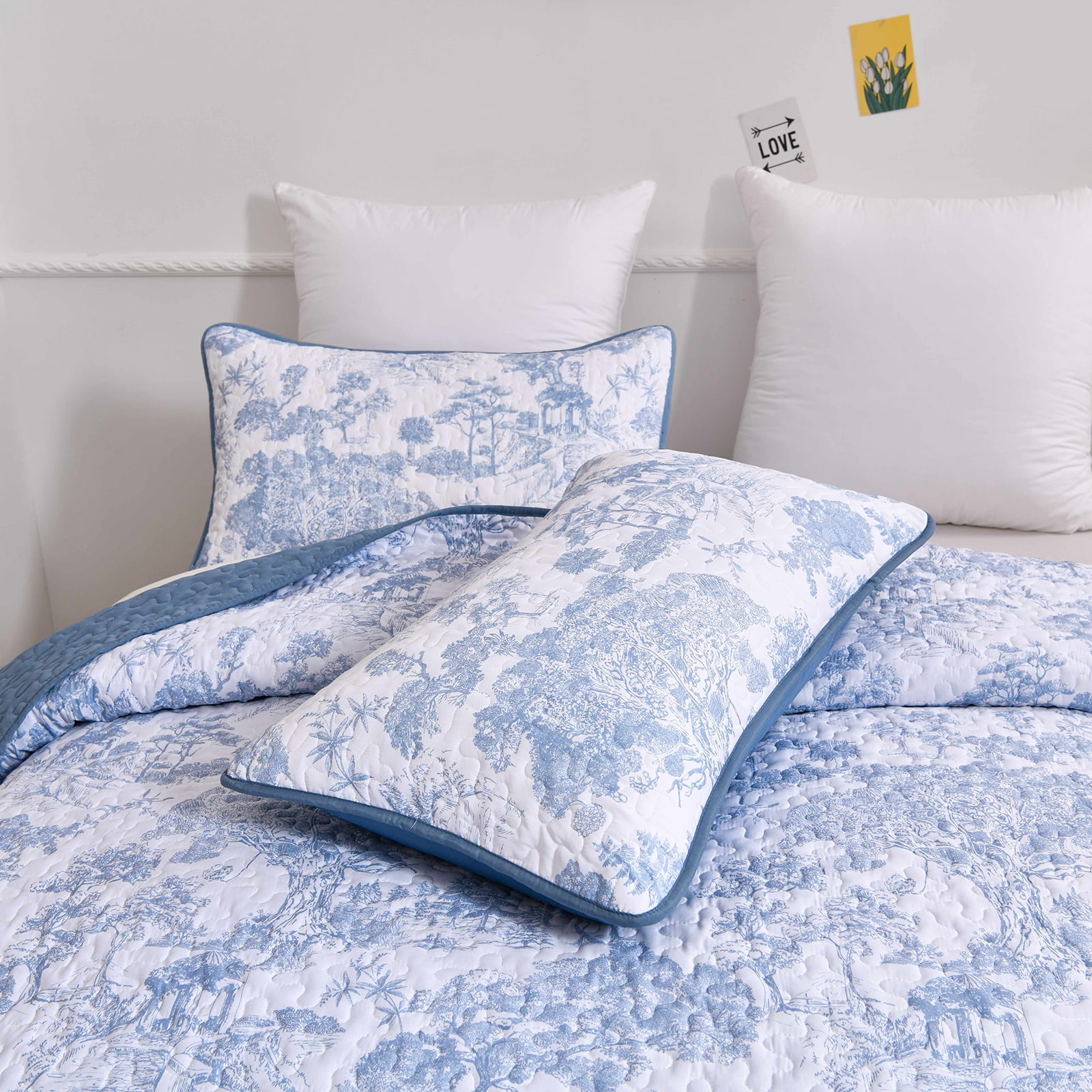 Dintszyayue Botanical Queen Size Quilt Set Blue,3Pcs Plants Pattern Sketch Soft Bedspread Set Adult(90"x96")