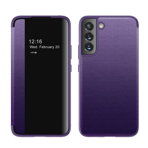 Nalacover Case for Samsung Galaxy S22 Plus, Clear View Window Lychee Pattern PU Leather Rugged PC Flip Folio Cover with Magnetic Closure Shockproof Corners Case for Samsung Galaxy S22 Plus,Purple