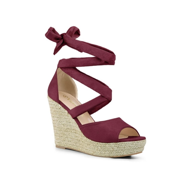 BLISSFUL STEP Chaussures pour Femmes Espadrilles à Lacets Sandales Compensées à Plateforme Bourgogne 7,5