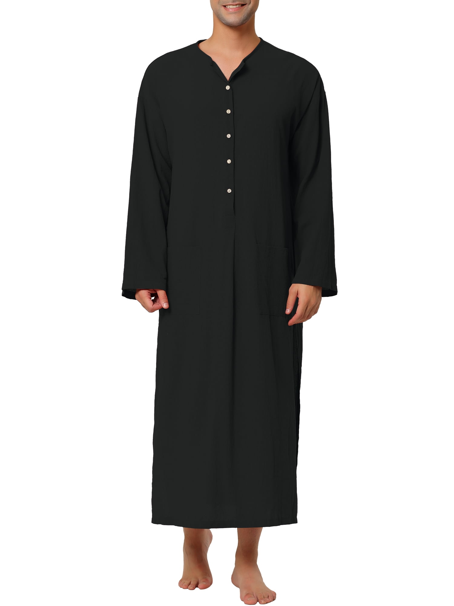 Unique Bargains Men's Nightshirt Cotton Sleep Shirt Side Split Long Nightgown L Black