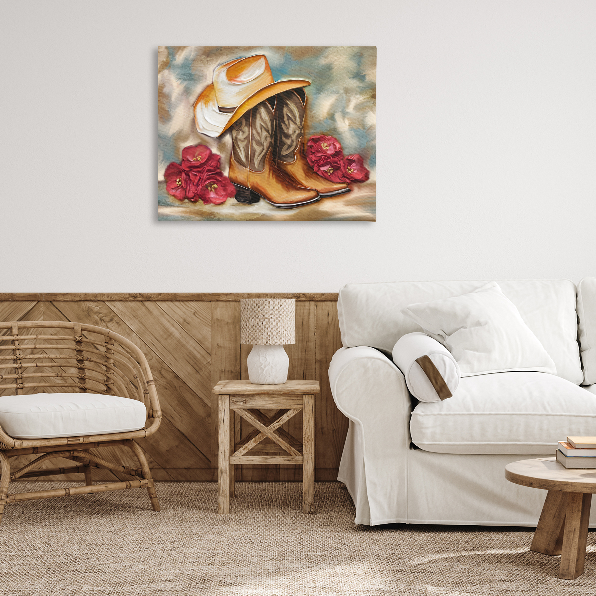 Boots & Floral Bunches Canvas Wall Art, design by Kim Allen
