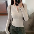 thumbnail image 4 of ClodeEU Womens V Neck Button Down Long Sleeve Ribbed Knit Slim Fit Basic Tee ,Dressy Casual Shirts Beige,Womens Plus XL, 4 of 7