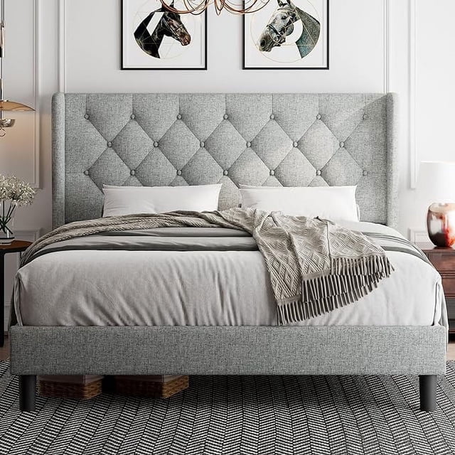 iPormis Queen Size Bed Frame with Diamond Button Tufted Wingback Headboard, Upholstered Platform Bed Frame with Strong Wood Slat Support, No Box Spring Needed, Light Grey