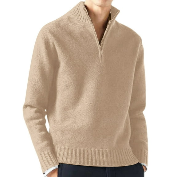 JTieacloth Men's Knit Pullover Sweater Male Casual Simple Bottom Sweater Solid Color Warm Wool Knit Half Zip Long Sleeve Sweater(Beige)